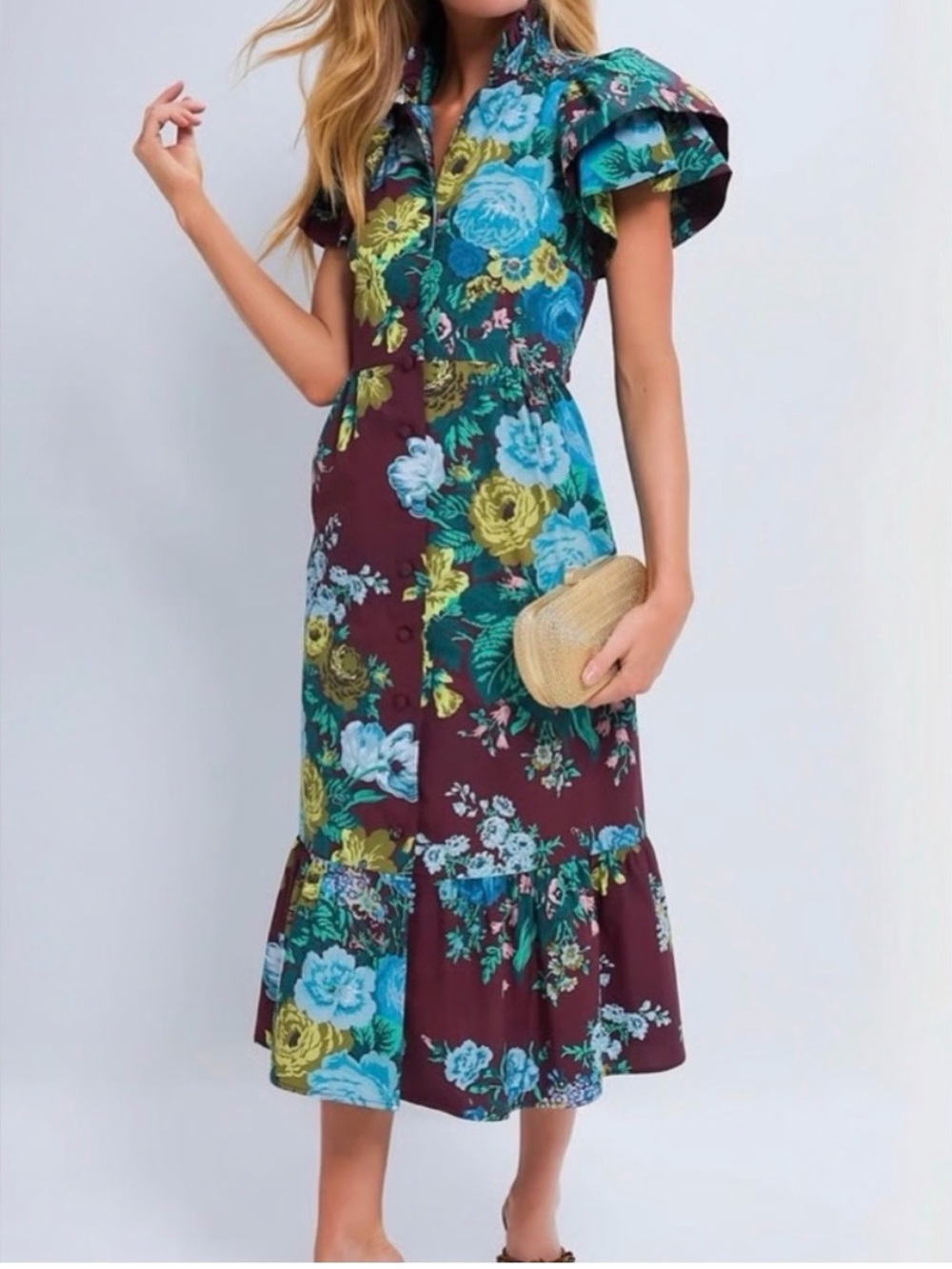 Tuckernuck Burgundy Midi Dress with Teal and Yellow Floral